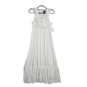 Taylor White Ruffle V-Neck Pleated Chiffon Maxi Dress Boho cottage core 2P NEW